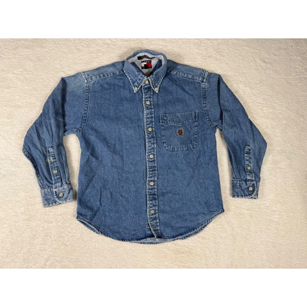 Tommy‎ Hilfiger Denim Shirt Kids Small Blue Crest Logo Long Sleeve Button Up